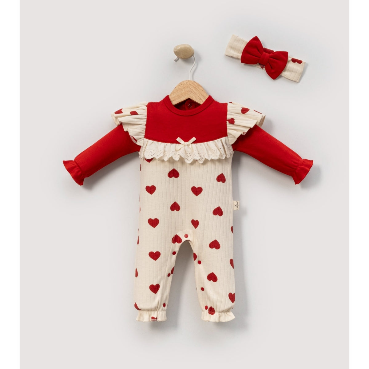 Süßer Baby Mädchen Strampler mit Herzen & Stirnband | Langarm | 2-teilig