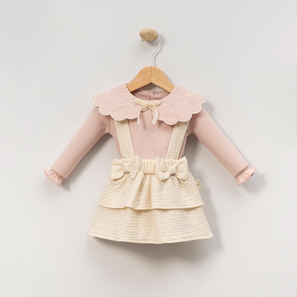 Baby Mädchen Outfit 2-teilig | Langarm-Body & Trägerrock mit Schleifen