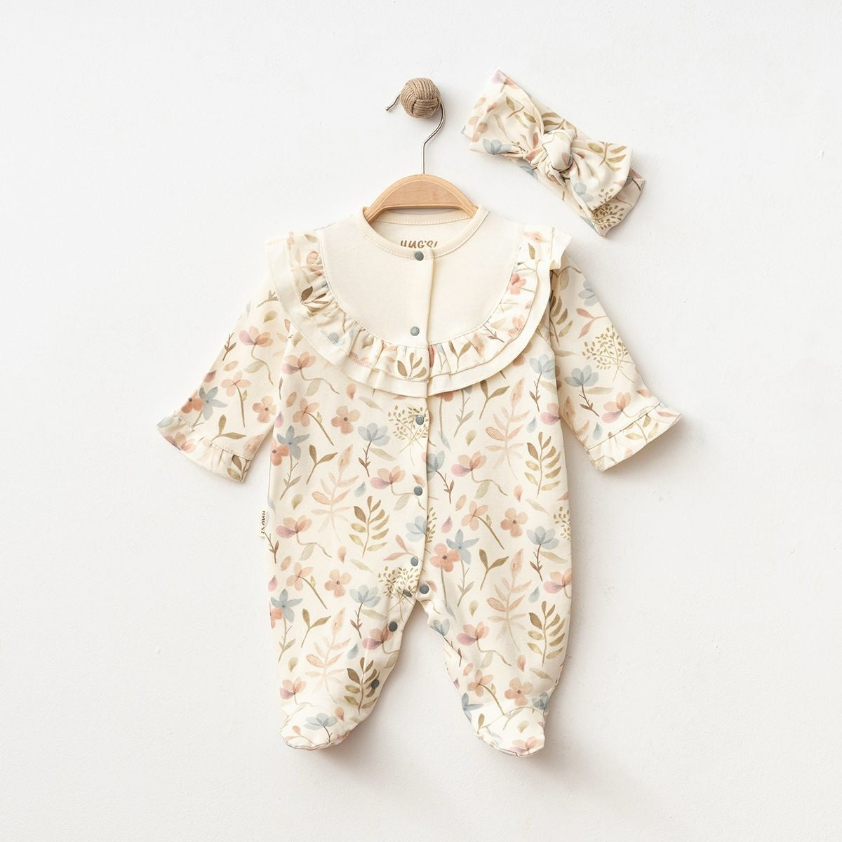 Baby-Strampler mit Stirnband – Langarm aus Baumwolle, Blumenmuster Creme/Rosa