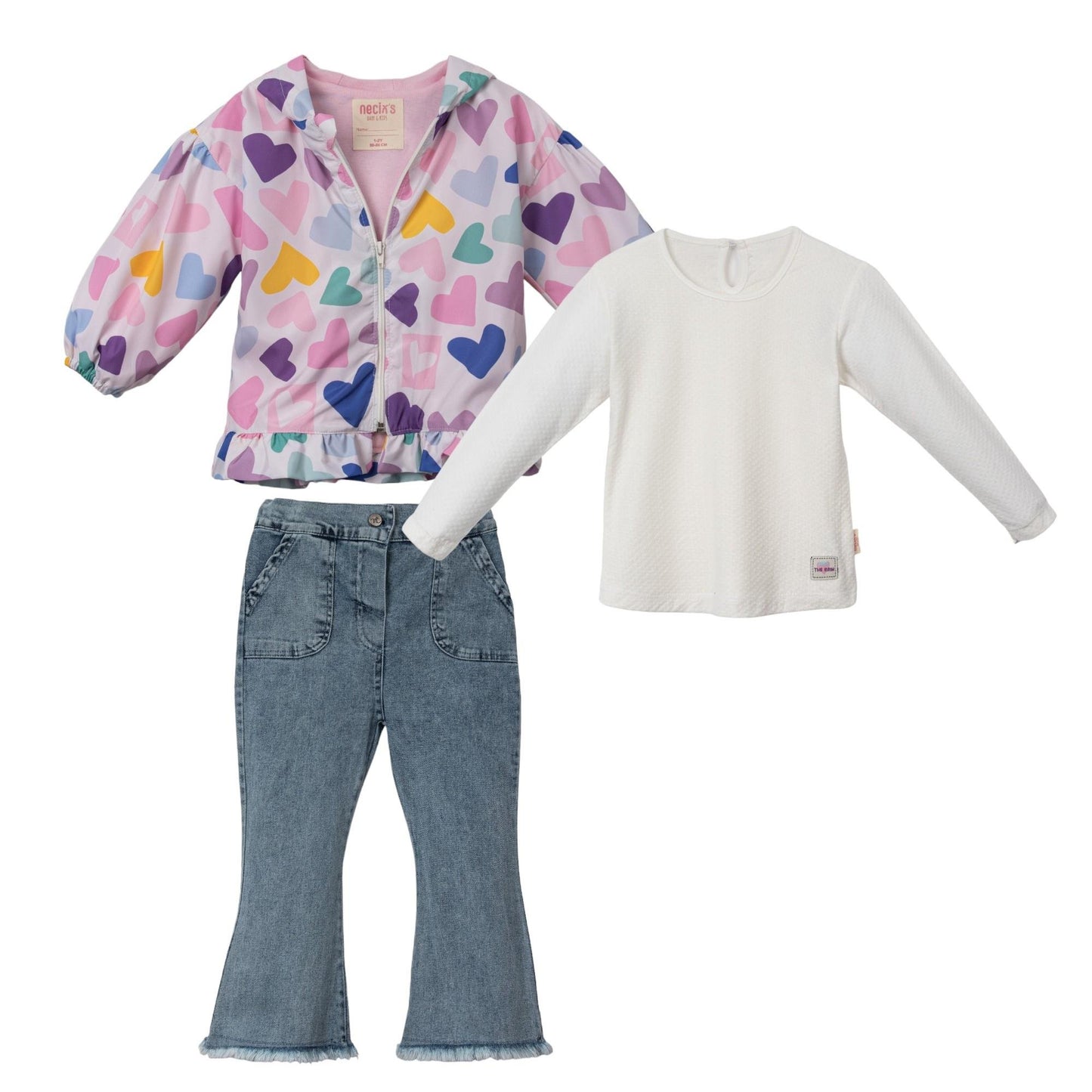 Mädchen 3-teiliges Outfit – Herzchen-Jacke, Langarmshirt & Jeans