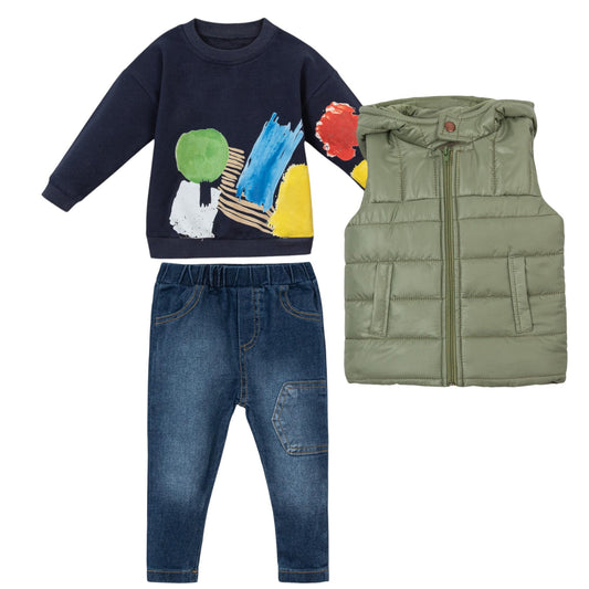 Baby Jungen 3-teiliges Outfit – Sweatshirt, Jeans & Steppweste