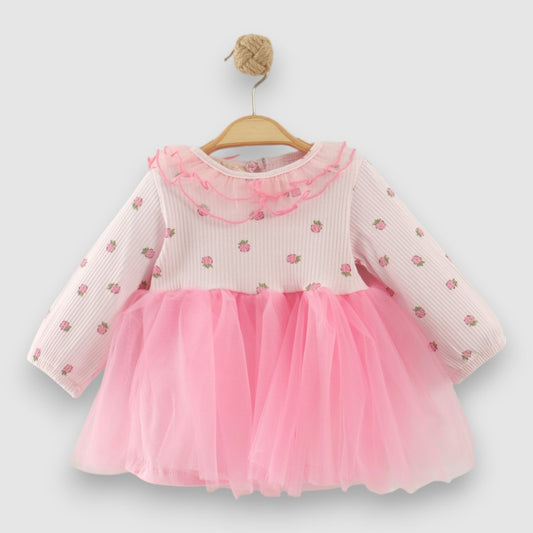 Baby Mädchen Kleid – Langarm mit Tüllrock & Rüschenkragen | Rosa