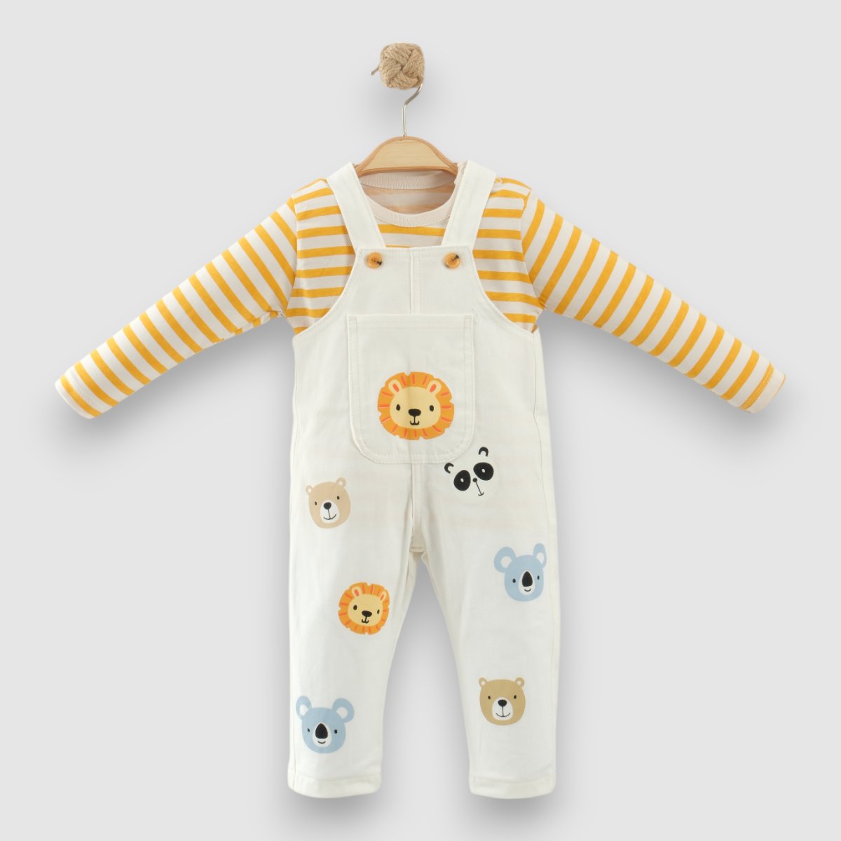 Baby 2-teiliges Set – Latzhose mit Tiermotiven & gestreiftes Langarmshirt | 100% Baumwolle