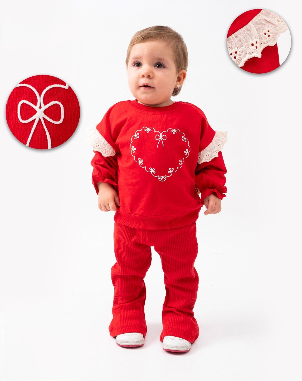 Baby 2-teiliges Set – Rotes Herz-Oberteil mit Spitze & Hose | 100% Baumwolle
