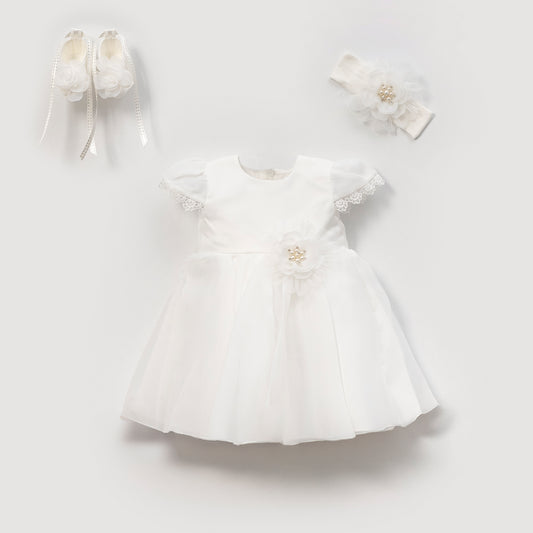 Elegantes Baby Mädchen Kleid Set – 3-teilig | Festkleid inkl. Stirnband & Schuhe | Weiß