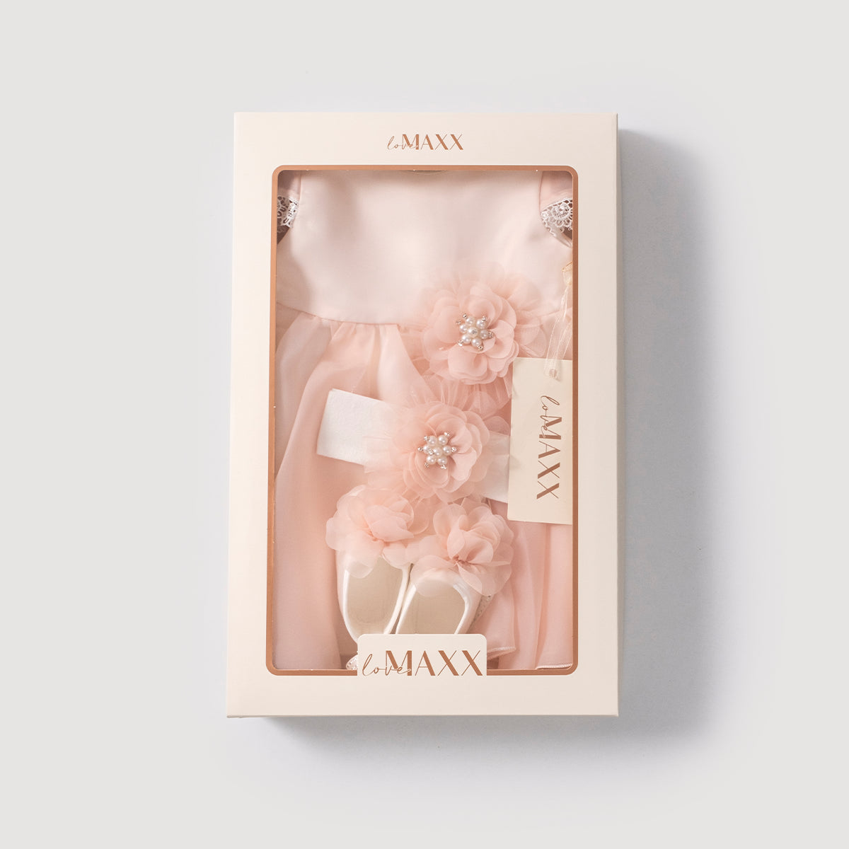 Elegantes Baby Mädchen Kleid Set – Festliches Kleid mit Stirnband & Schuhen | Taufkleid / Festkleid