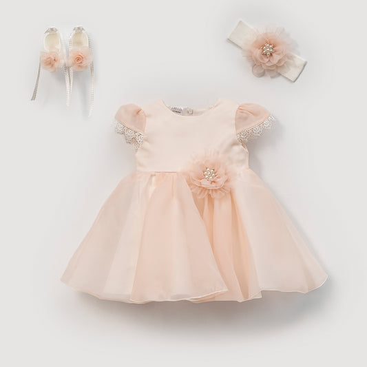 Elegantes Baby Mädchen Kleid Set – Festliches Kleid mit Stirnband & Schuhen | Taufkleid / Festkleid