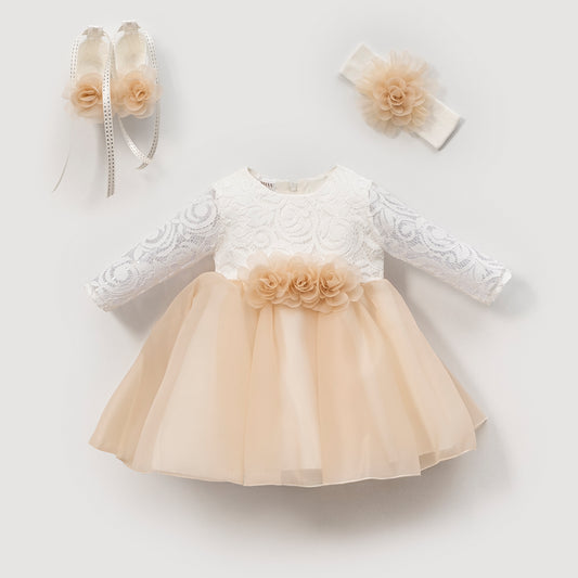 Elegantes Baby Mädchen Kleid Set – Festliches Spitzenkleid mit Stirnband & Schuhen | Taufkleid | Feierkleid