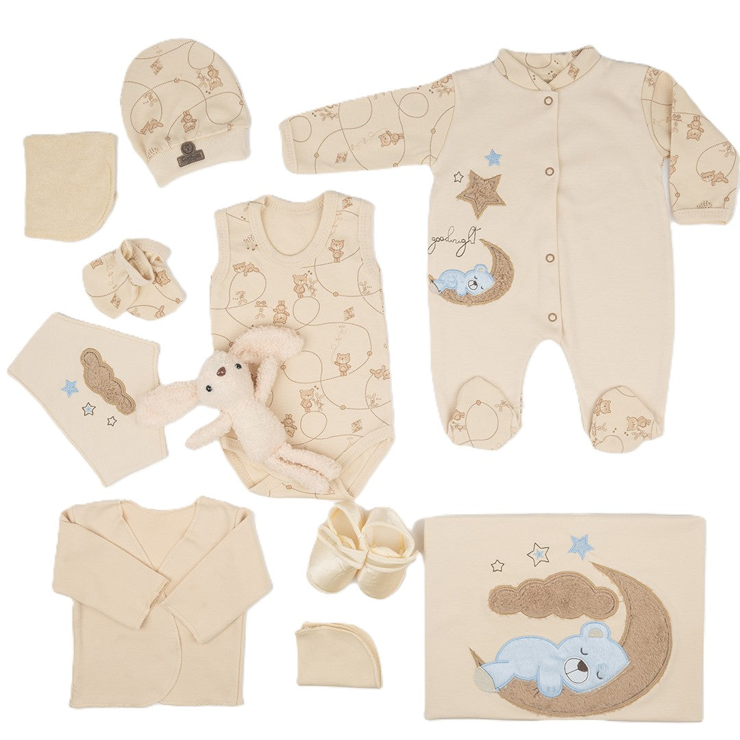 Neugeborenen Erstlingsset „Good Night Bear“ – 10-teiliges Baby-Set für Mädchen & Jungen | 100% Baumwolle