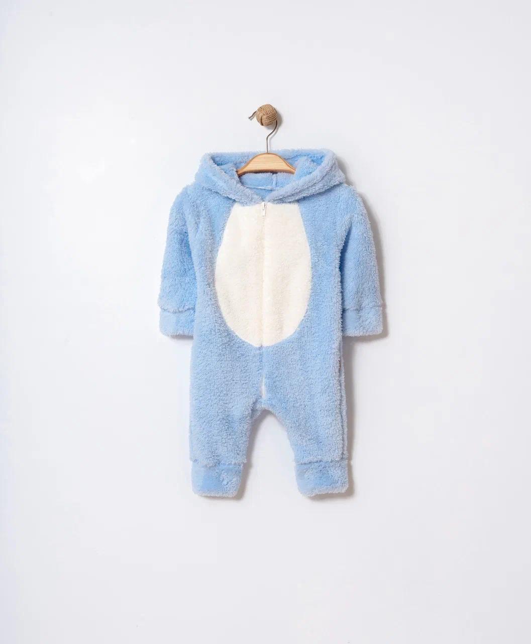 Baby Overall mit Kapuze – Flauschiger Einteiler in Blau mit Bärchen-Design