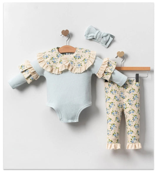 Baby Mädchen 3-teiliges Set – Body, Hose & Haarband mit Blumenmuster | 100% Baumwolle