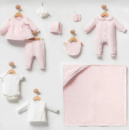 Neugeborenen Erstlingsset „Pink Dream“ – 10-teiliges Baby-Set für Mädchen | 100% Baumwolle & Decke inklusive