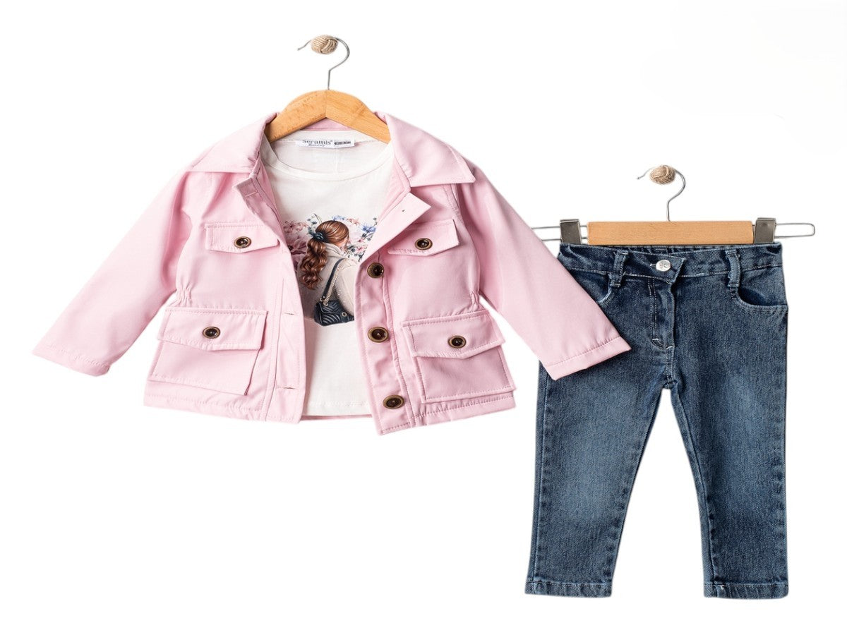 Mädchen Outfit 3-teilig – Jacke, Jeans & Shirt in Rosa/Blau