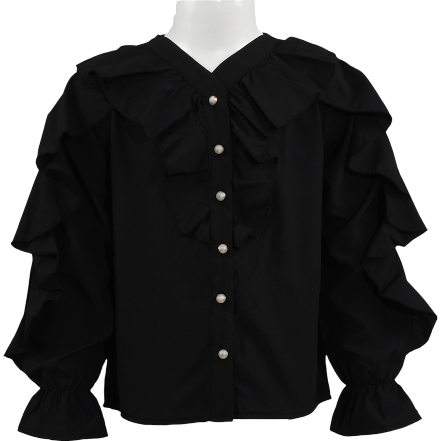Elegante schwarze Mädchenbluse – Rüschen & Perlenknöpfe