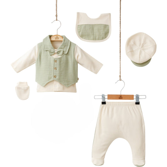 Elegantes 5-teiliges Baby Outfit Set mit Musselin-Weste & Schleife