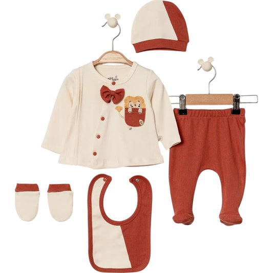 Baby Erstausstattung 5-teilig – Baumwollset mit Löwenmotiv in Creme/Rotbraun