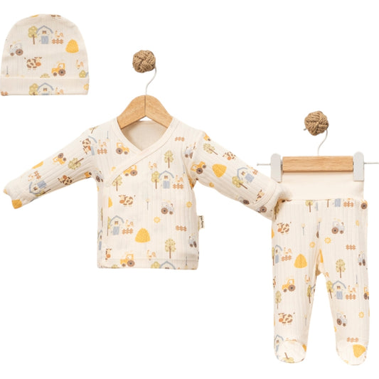 Baby 3-teiliges Set mit Mütze – Baumwolle, Beige mit Bauernhof-Muster