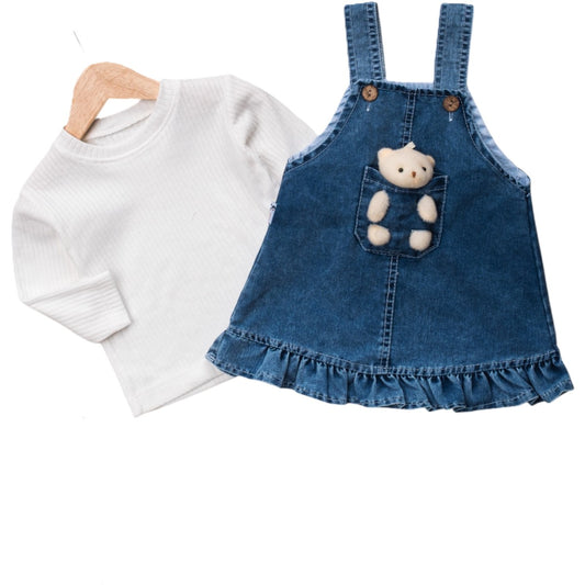 Baby Outfit 2-teilig – Jeanskleid mit Kuschelteddy & weißem Shirt