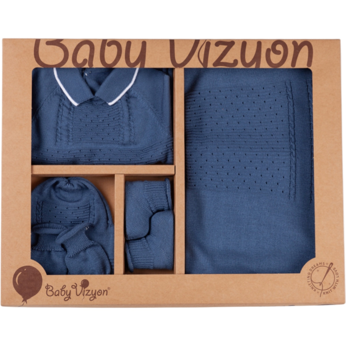 Baby Strickset 5-teilig – Decke, Strampler & Zubehör für Jungen