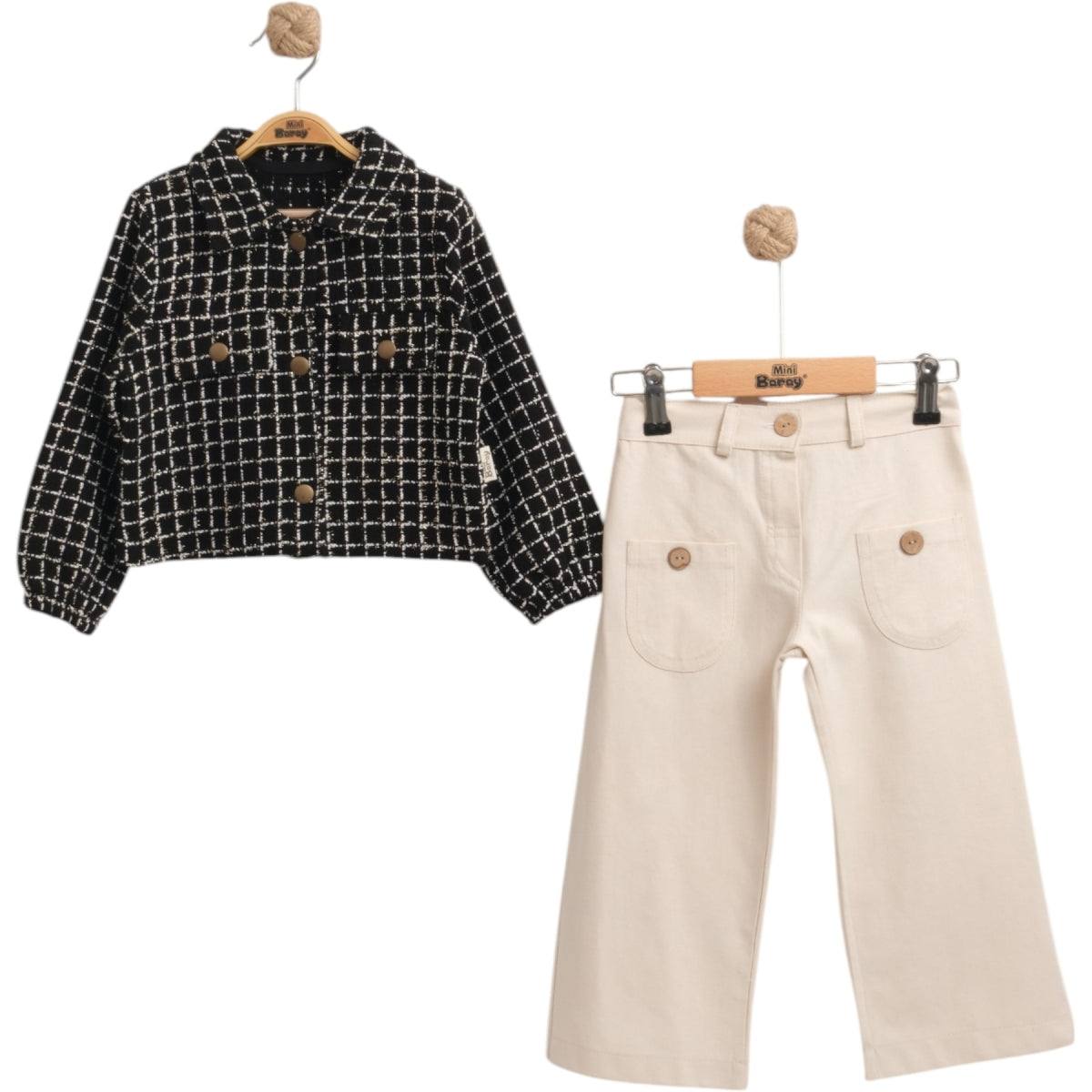 Mädchen Outfit 2-teilig – Schwarze Karojacke & Beige Hose