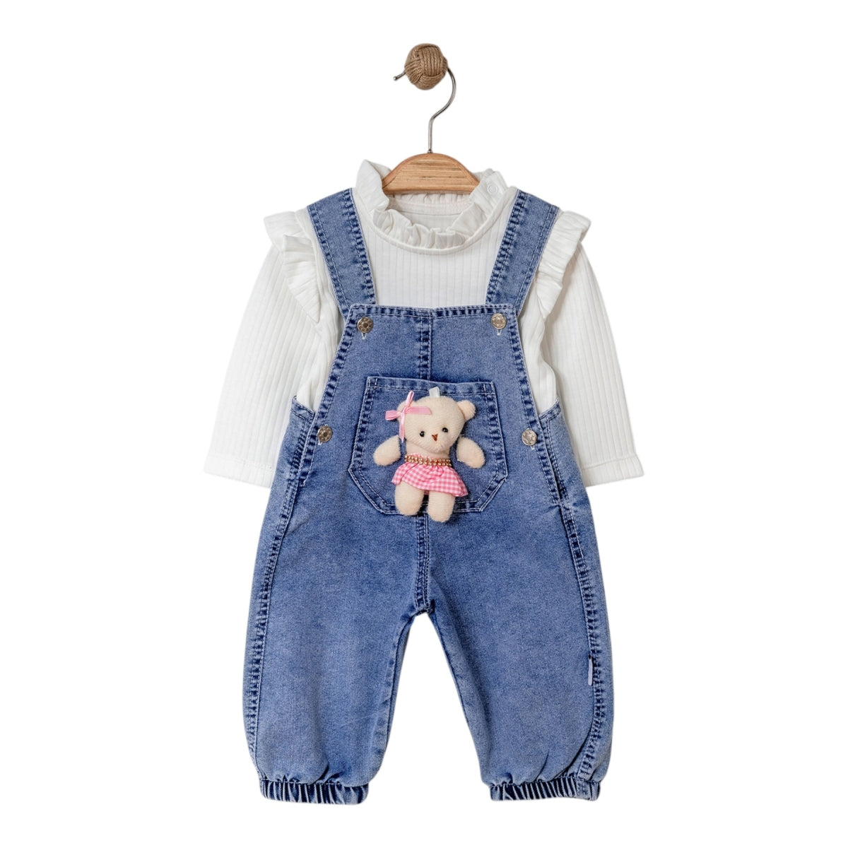 Baby Latzhosen-Set mit Teddybär – Jeansoptik & Langarmshirt (Rosa)