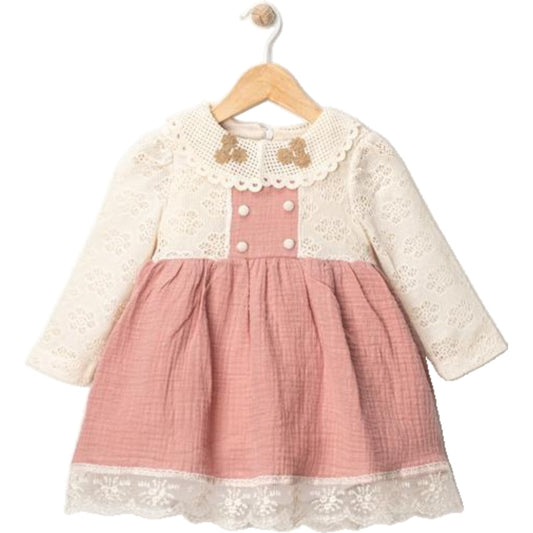 Baby Mädchen Kleid – Langarm mit Spitze & Muselin Rock in Rosa
