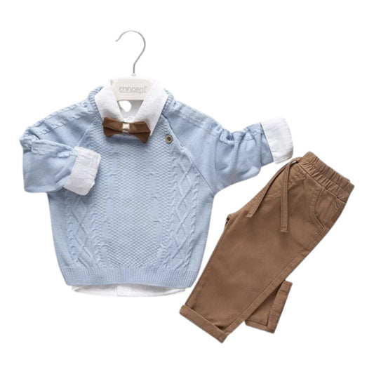Baby Jungen 4-teiliges Outfit – Hemd mit Strickpullover, Hose & Fliege