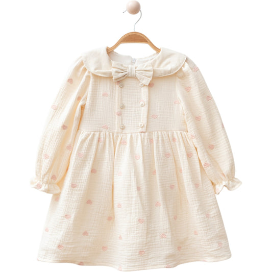 Baby Kleid aus Musselin – Mit Schleife & Herzchen-Muster, Langarm