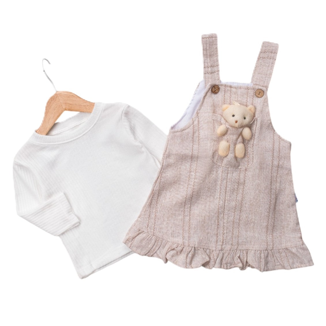 2-teiliges Baby-Mädchen Outfit – Langarmshirt & Latzkleid mit Teddybär