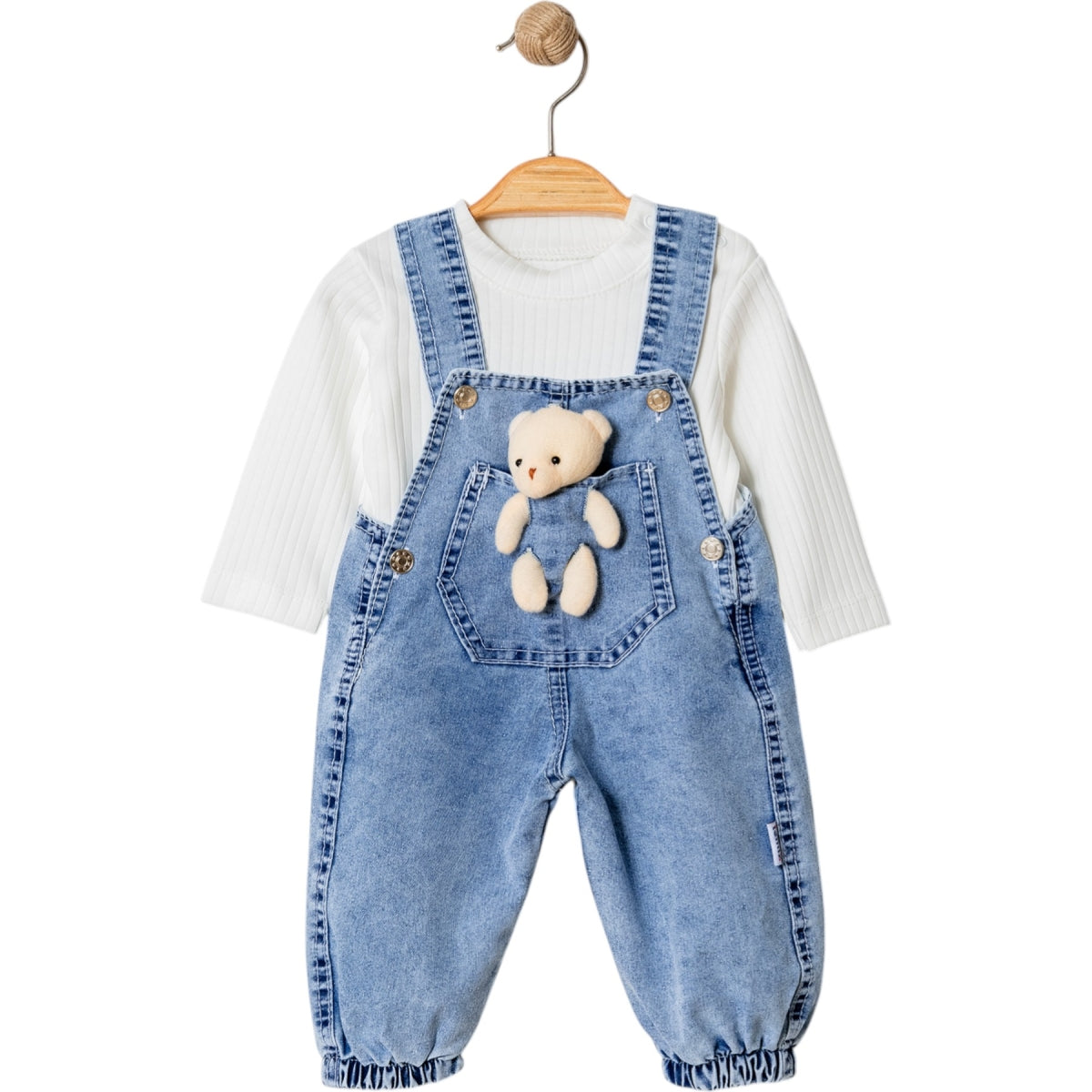 Baby Latzhosen-Set mit Teddybär – Jeansoptik & Langarmshirt