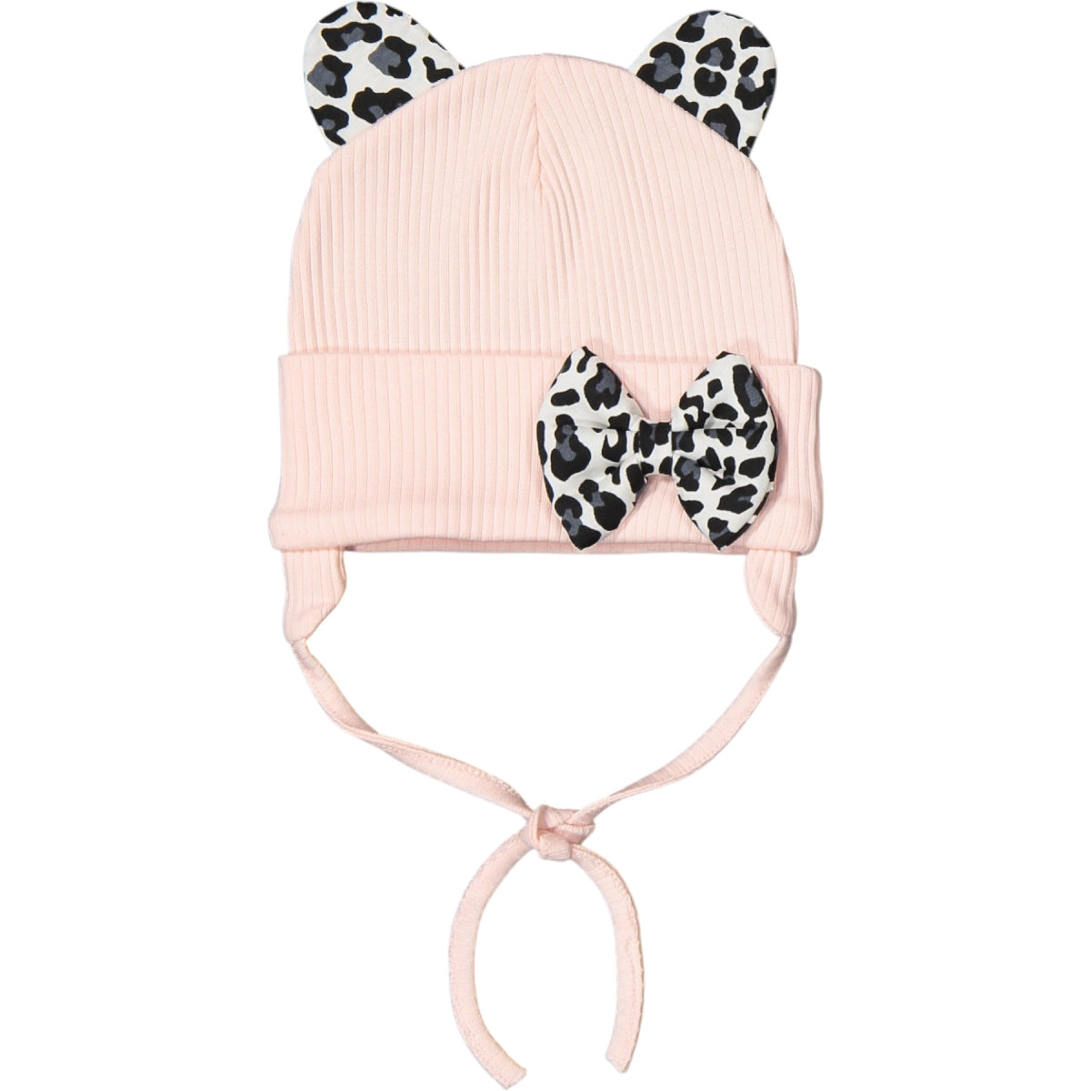 Baby Mütze mit Ohren & Schleife – 4 Farben, Leoparden-Details