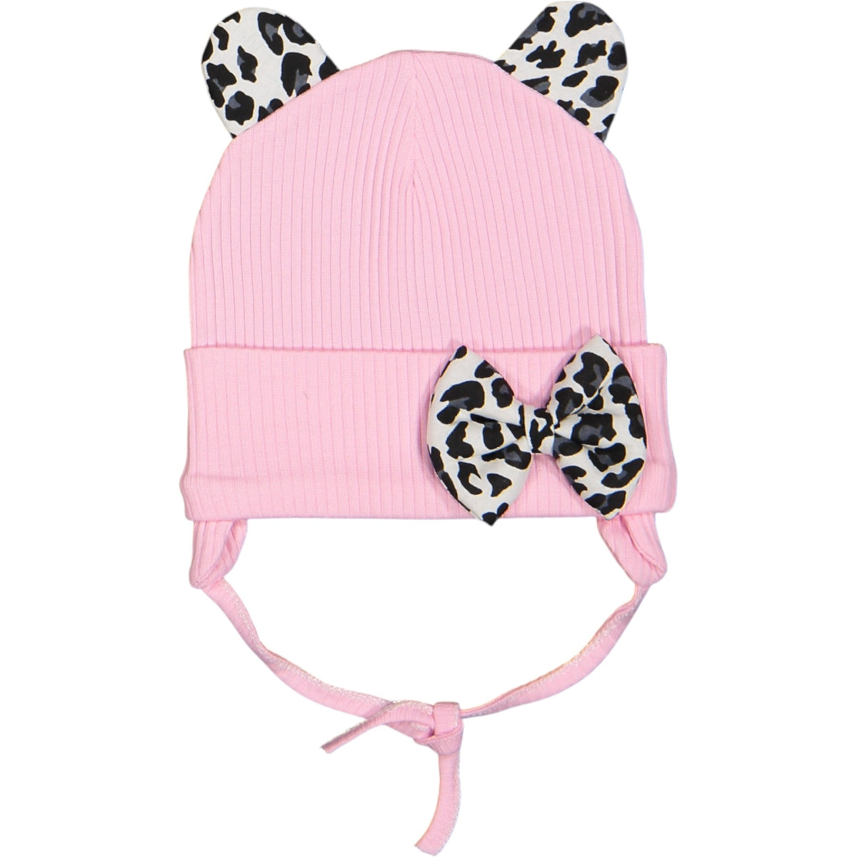Baby Mütze mit Ohren & Schleife – 4 Farben, Leoparden-Details