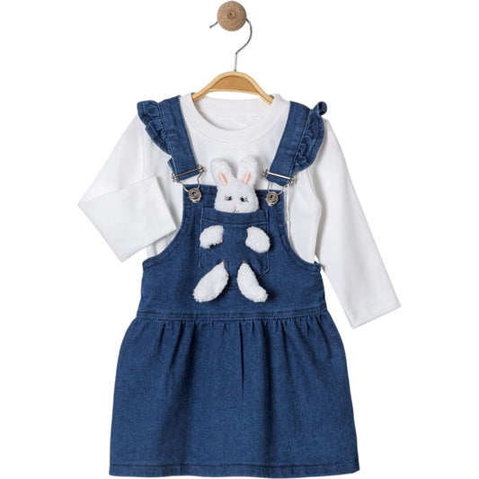 Mädchen 2-teiliges Jeans Outfit – Latzkleid mit Häschen & Baumwollshirt