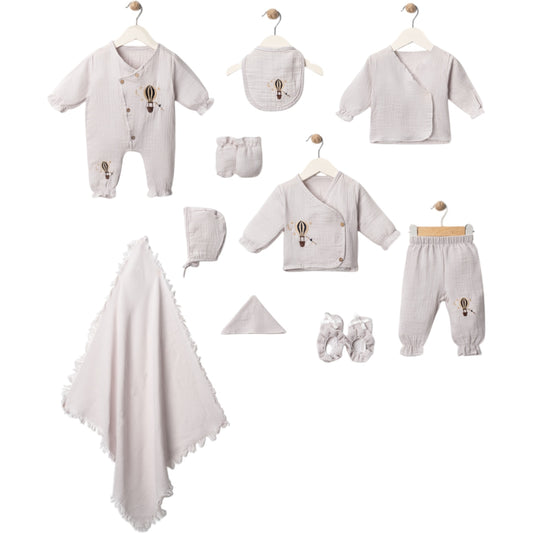 Neugeborenen Erstlingsset „Hot Air Balloon“ – 10-teiliges Baby-Set für Jungen | 100% Baumwolle & Decke inklusive