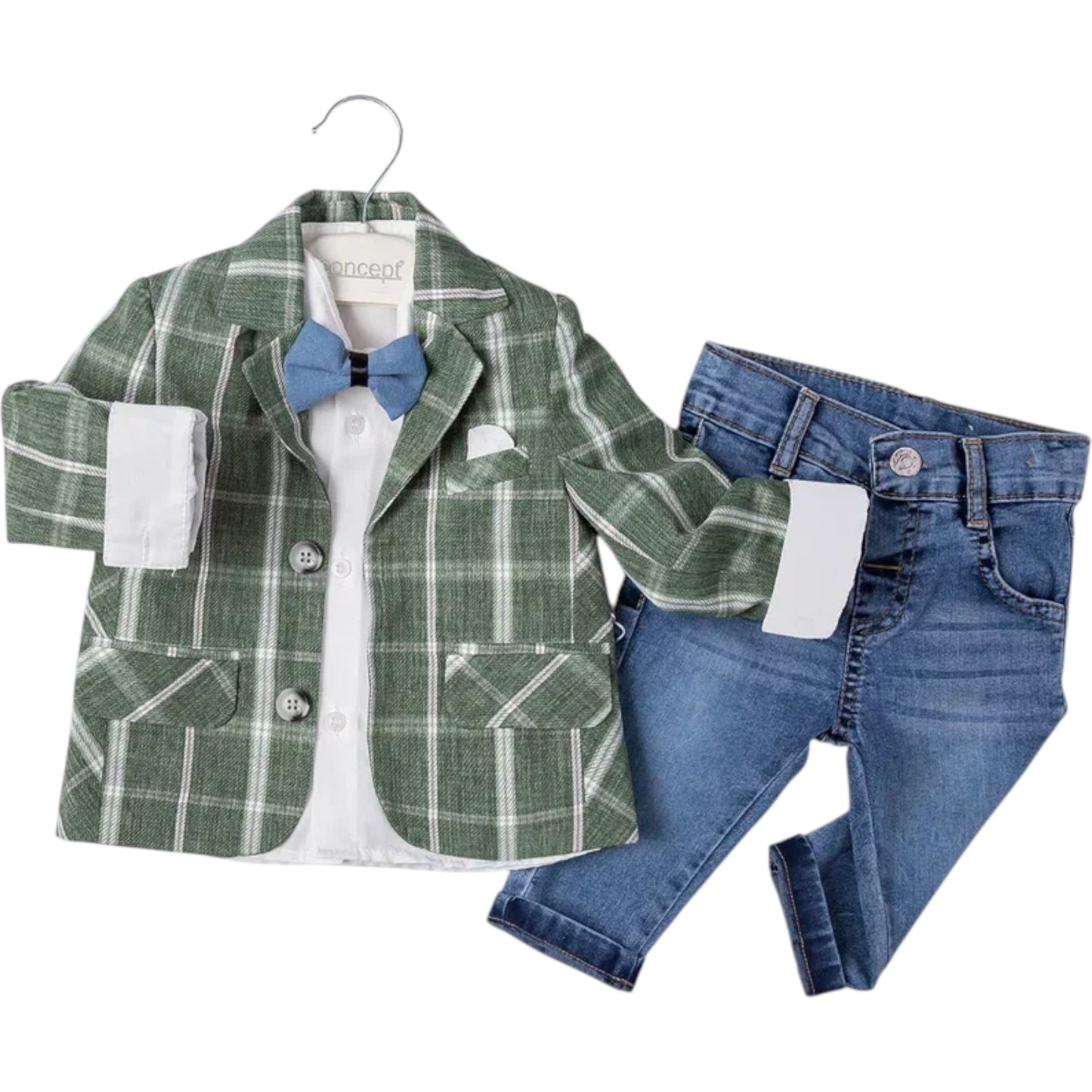Baby Jungen 4-teiliges Anzugset – Sakko, Hemd, Jeans & Fliege