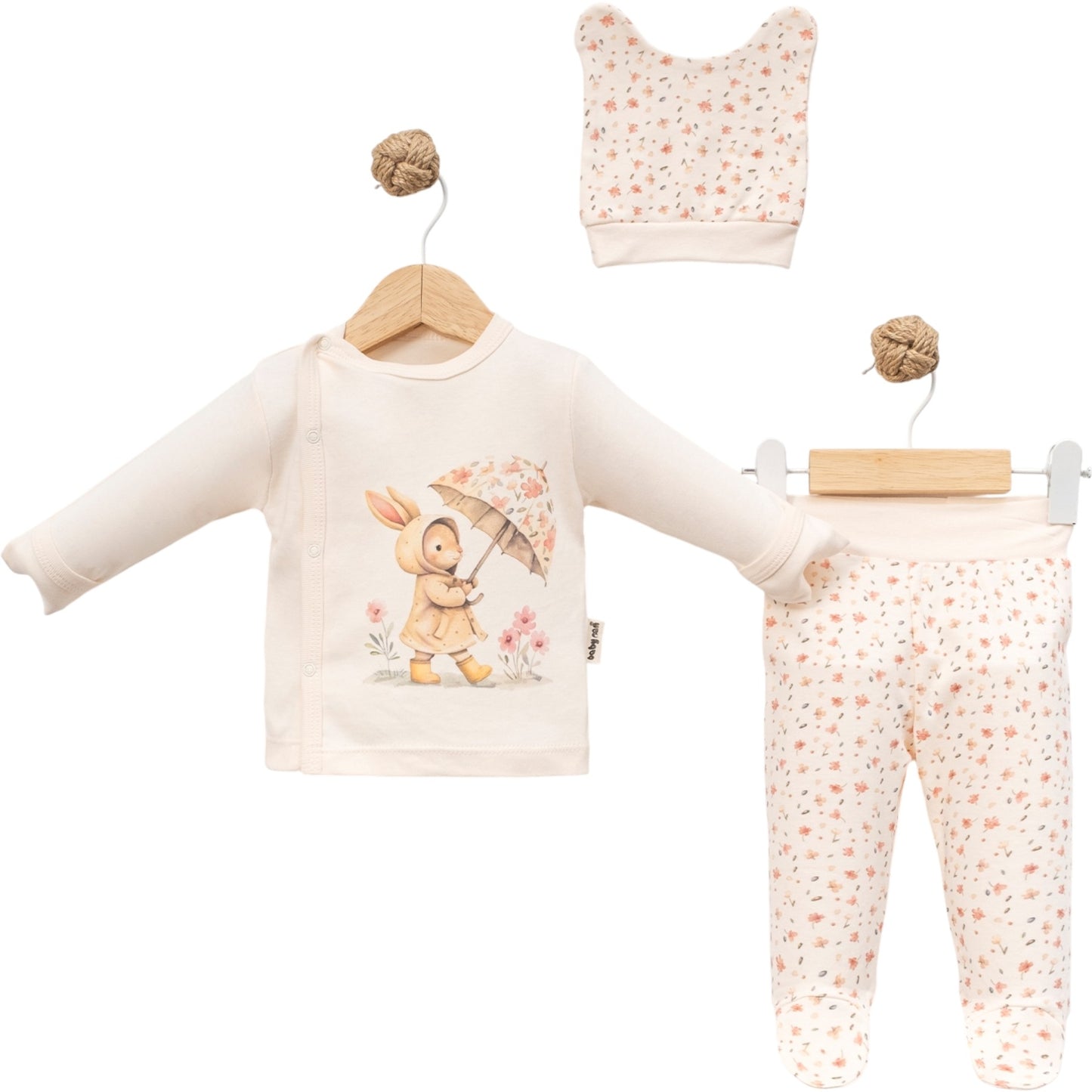 Baby Mädchen Set – Häschen-Motiv mit Floral-Hose & Mütze (3-teilig, Creme)