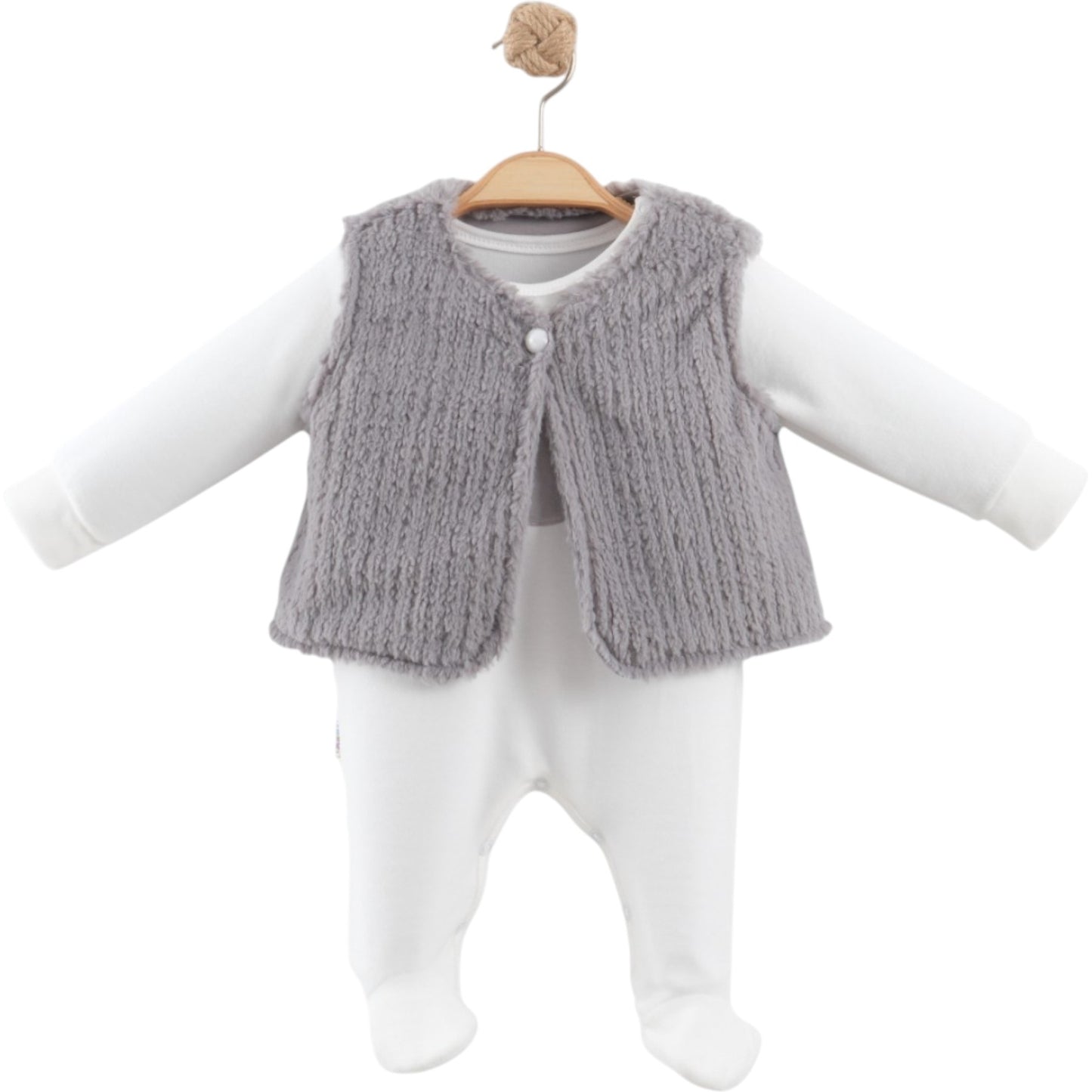 Baby Strampler mit weicher Strickweste – Grau & Weiß | Kuscheliges 2-tlg. Set