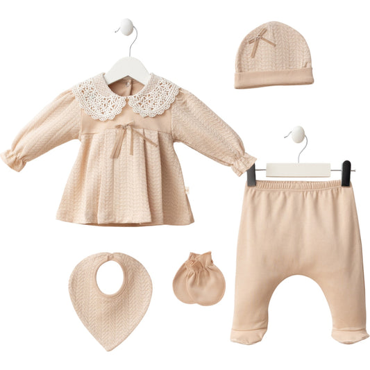 5-teiliges Baby Mädchen Set mit Spitzenkragen – Creme | Elegantes Neugeborenen Outfit