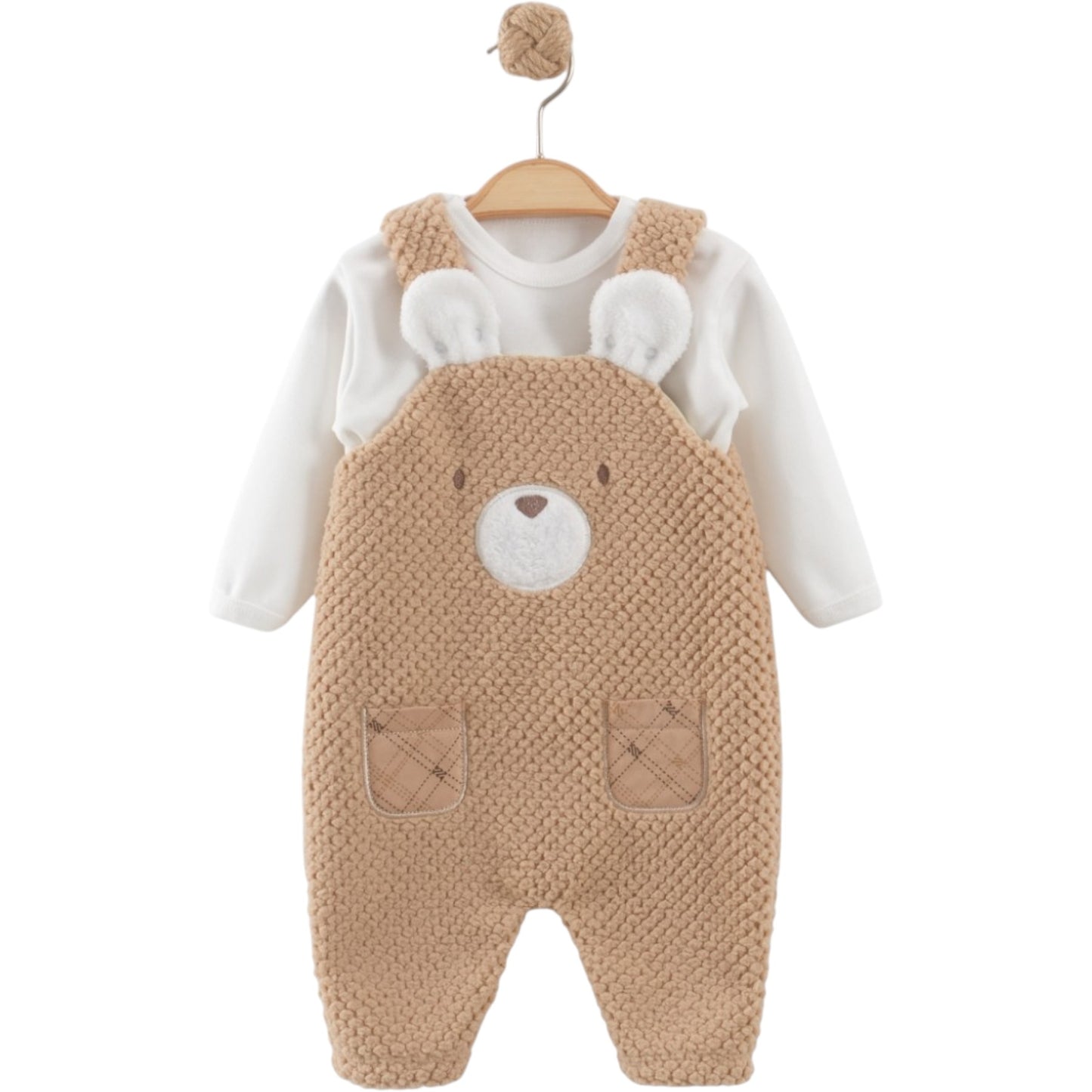 2-teiliges Babyset mit Latzhose & Bärenmotiv – Beige & Weiß
