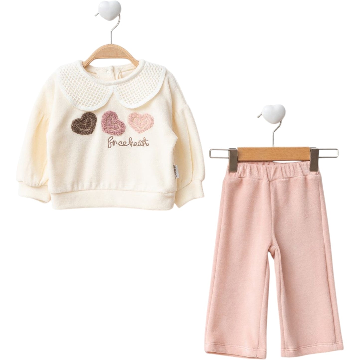 2-teiliges Baby Mädchen Set mit Herzmotiv & Kragen – Creme & Rosa
