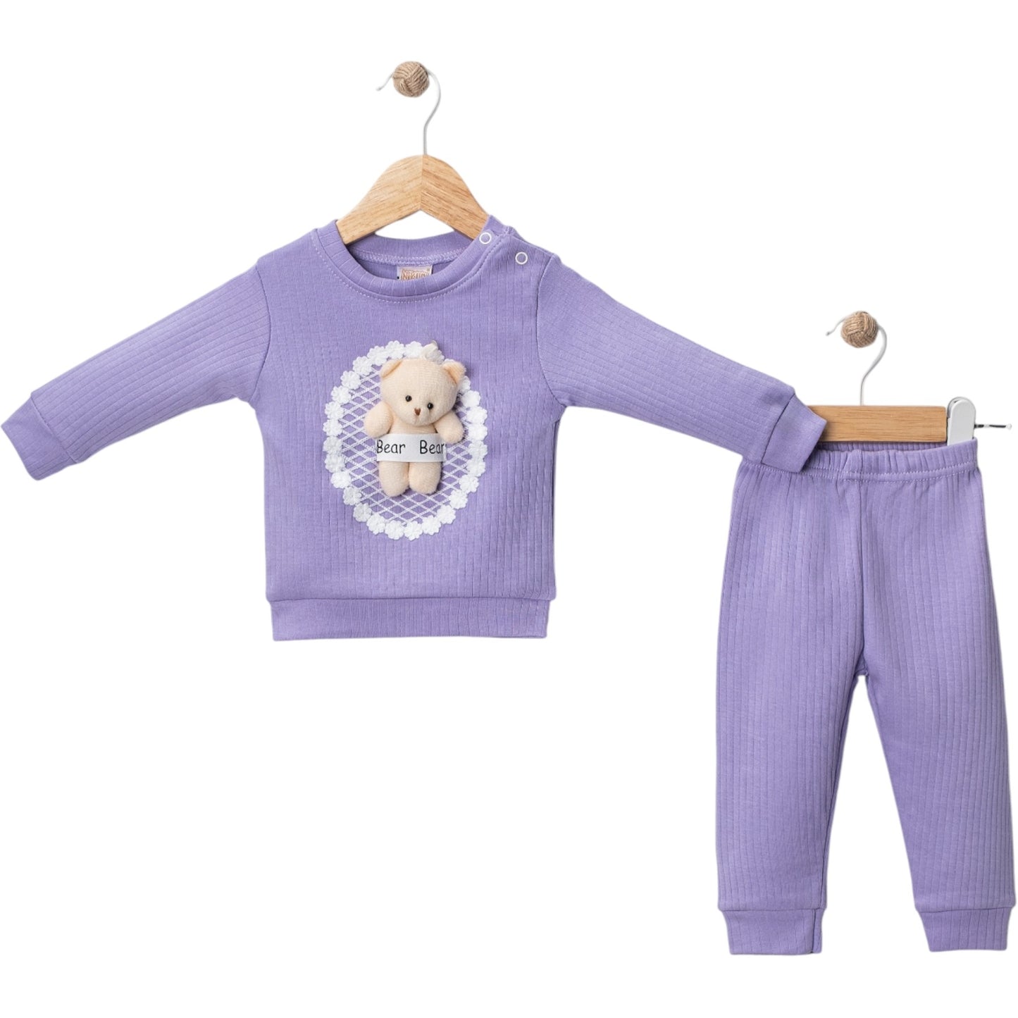 2-teiliges Babyset mit Teddybär-Applikation – Lila | Weiches Outfit für Mädchen