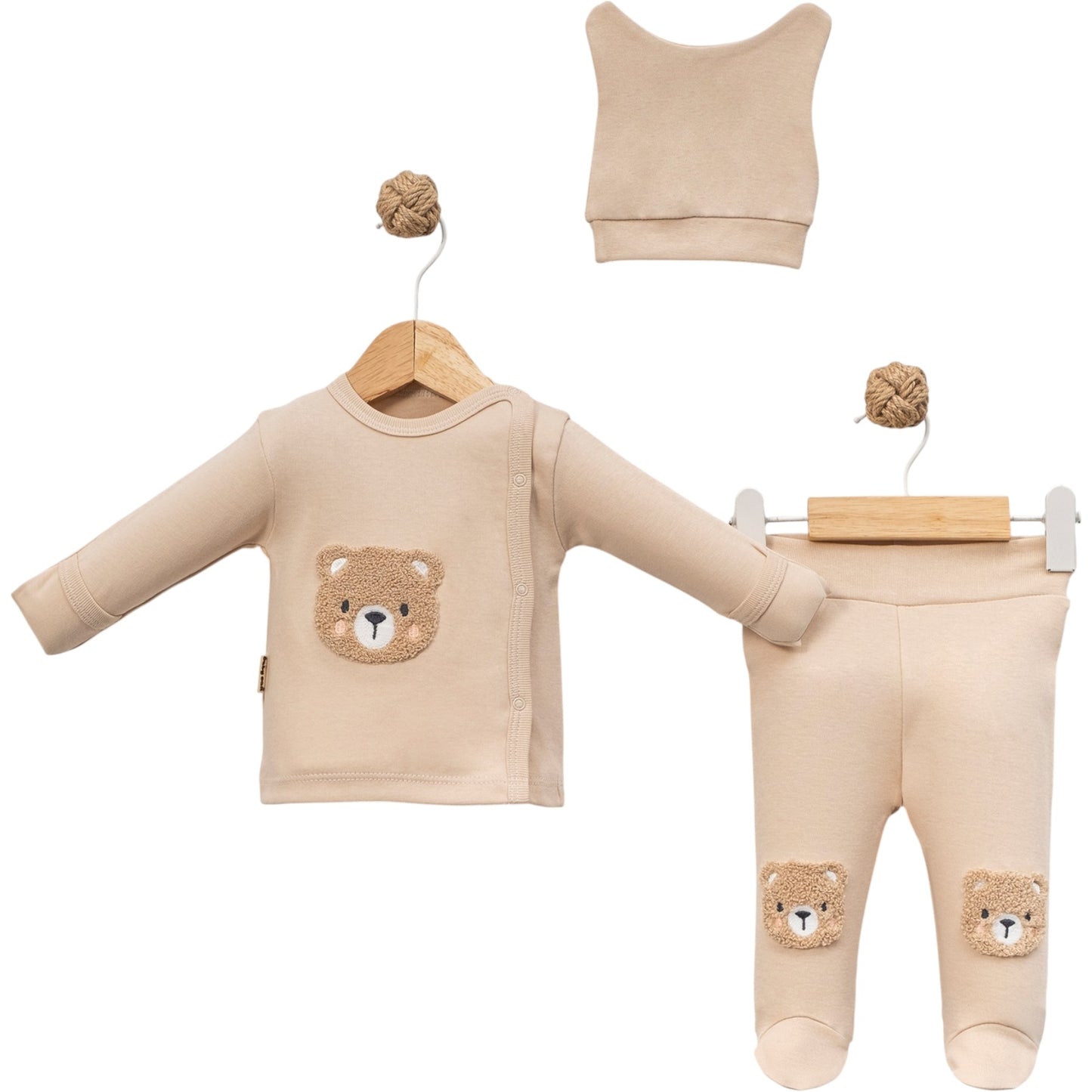 Baby Set Beige – Wickelshirt, Fußhose & Mütze mit Teddy-Applikation (3-teilig)