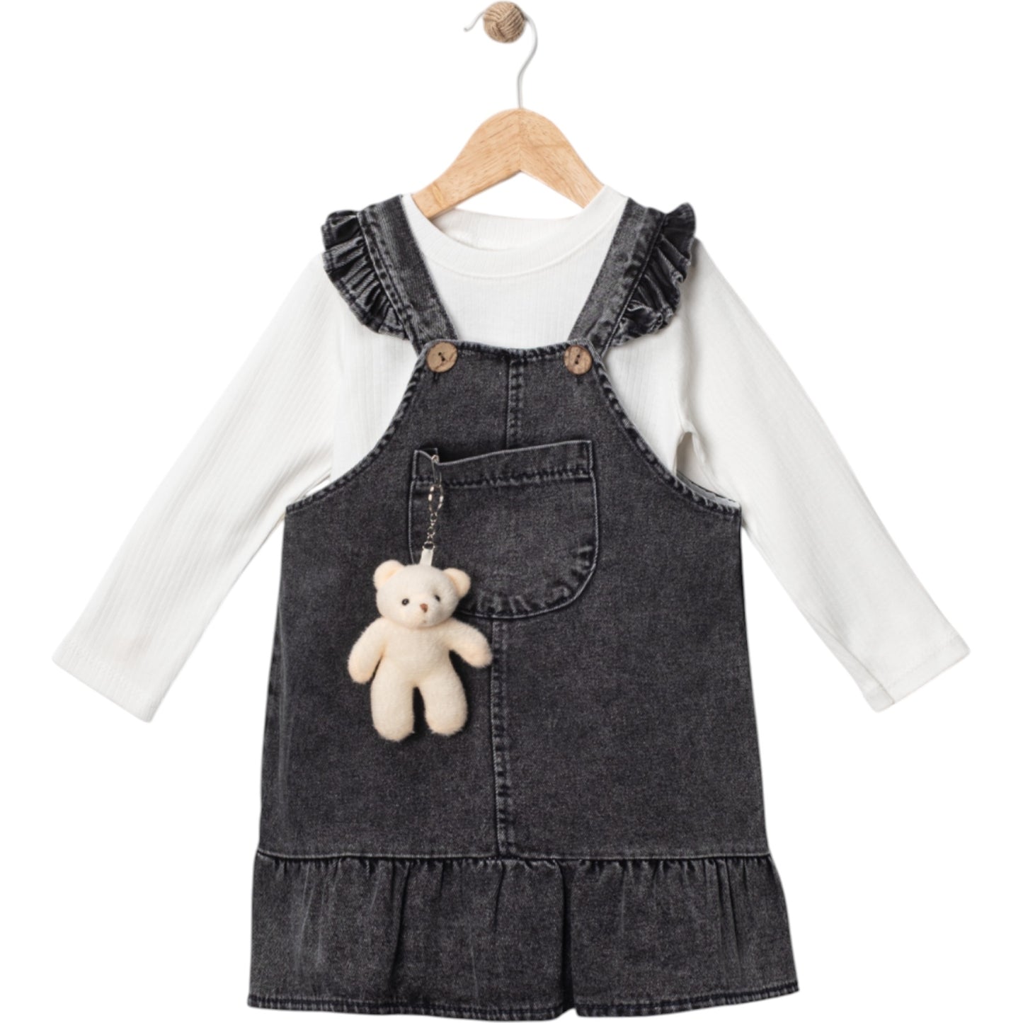 Mädchen Set – Latzrock mit Teddy & Langarmshirt 👧🖤🤍