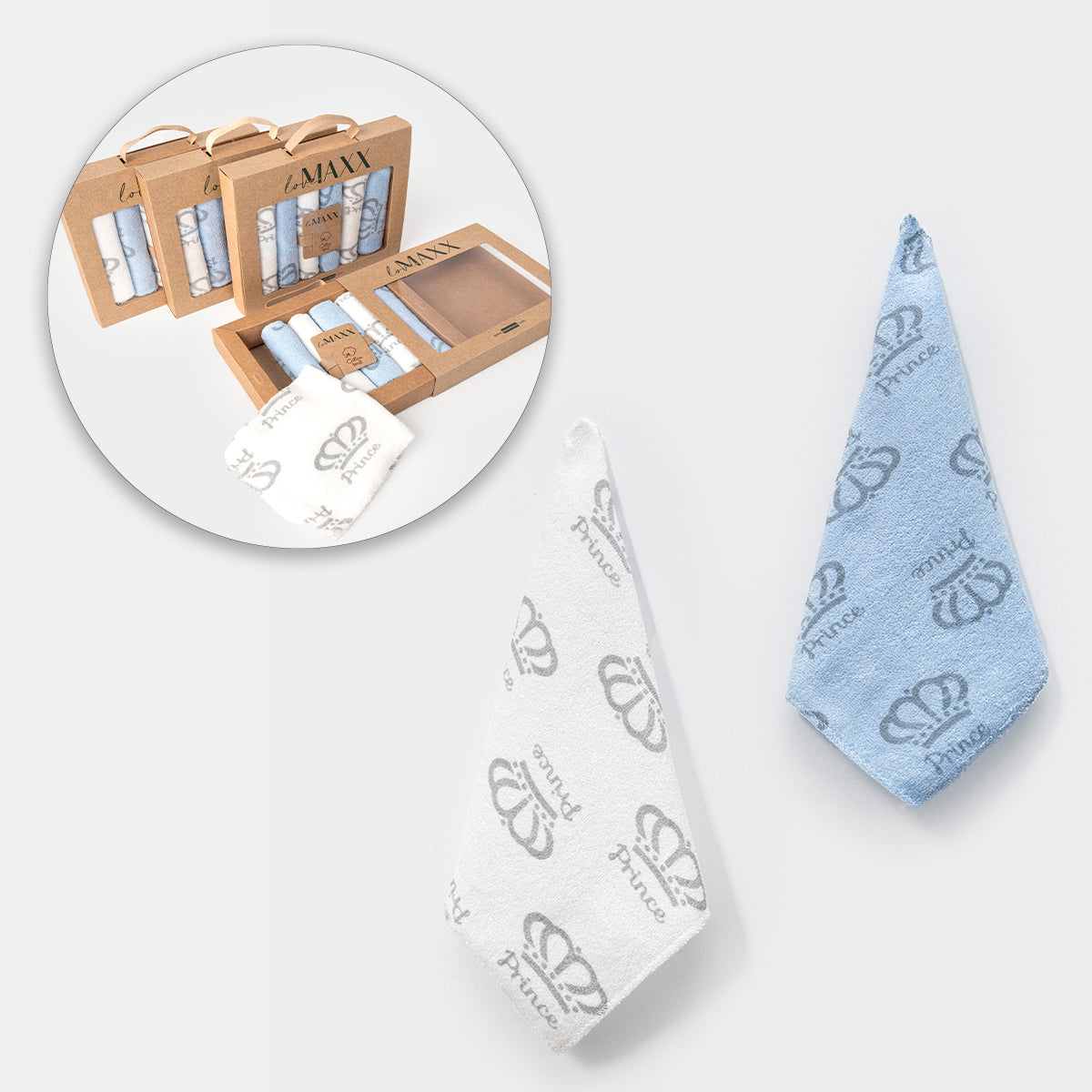 Baby-Spucktuch Set 6-teilig – Baumwolle Weiß/Blau mit Krone-Design