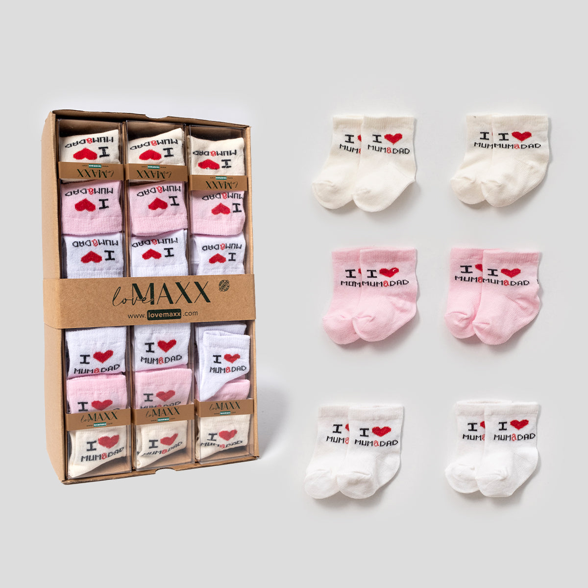 Baby-Socken Set 6-teilig – Rosa/Beige/Weiß mit „I ❤️ Mum & Dad“ Design