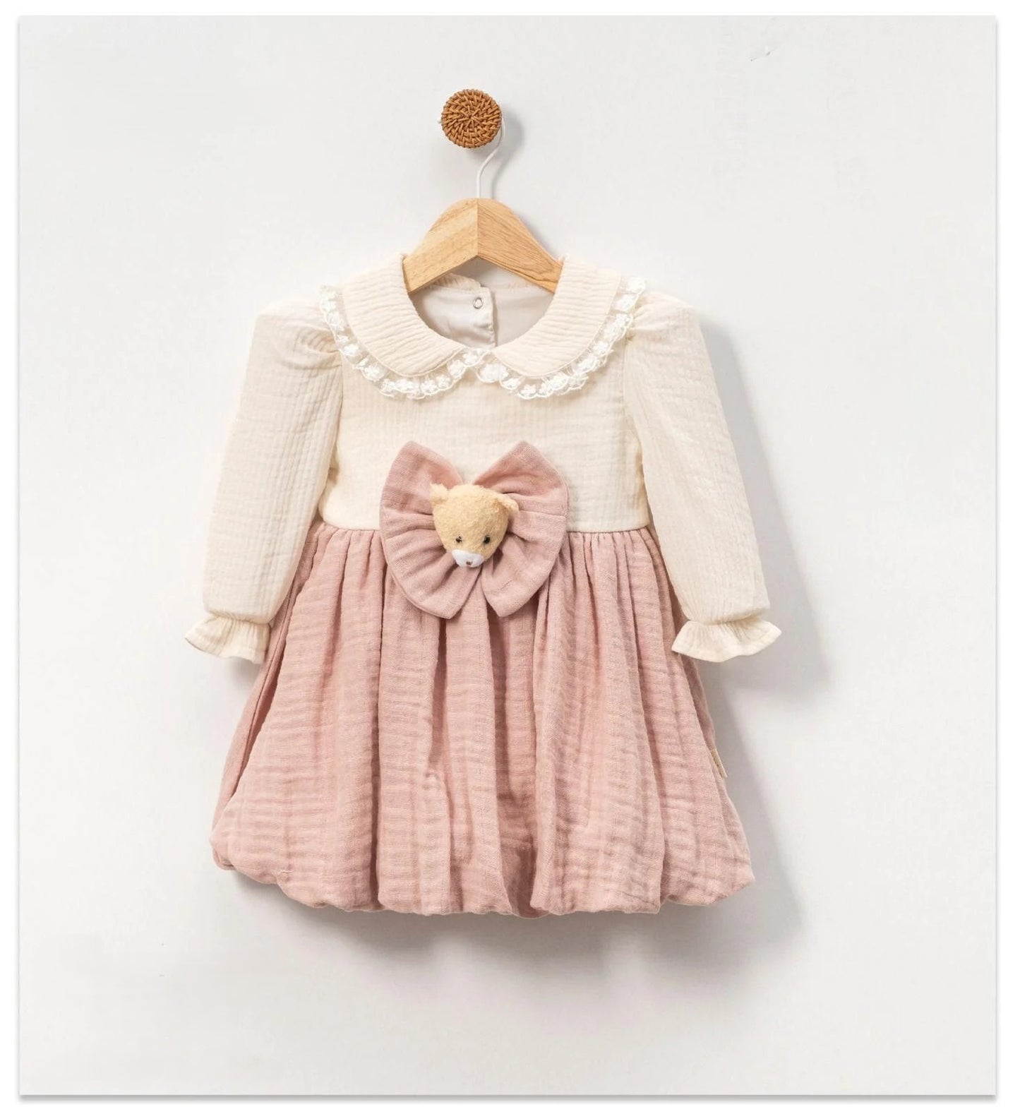 Baby Mädchen Kleid aus Musselin – Mit Schleife & Teddybär-Deko | 100% Baumwolle | 2 Farben
