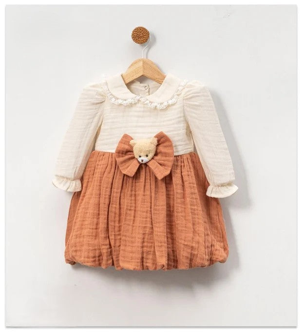 Baby Mädchen Kleid aus Musselin – Mit Schleife & Teddybär-Deko | 100% Baumwolle | 2 Farben