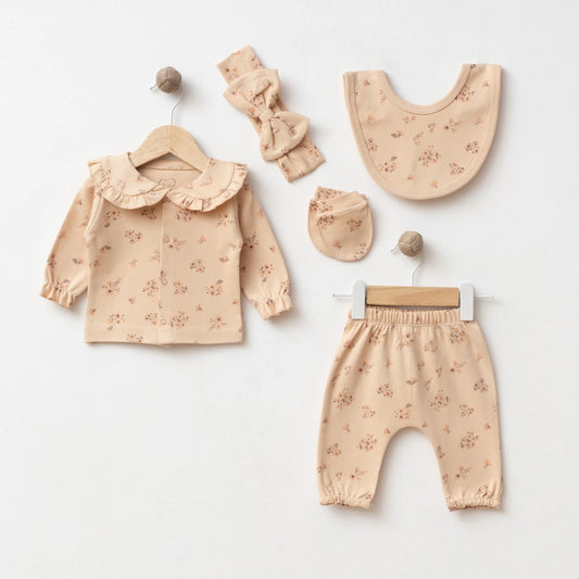 Erstlingsset Beige Blumenmuster 5-teilig