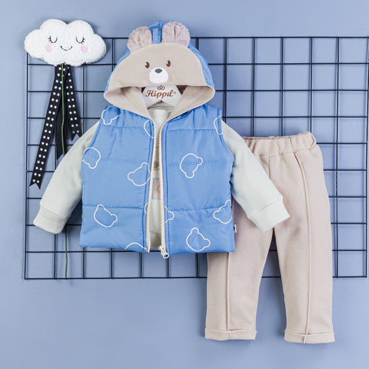 Baby Outfit 3-teilig – Weste mit Bärchenohren, Pullover & Hose Blau/Beige