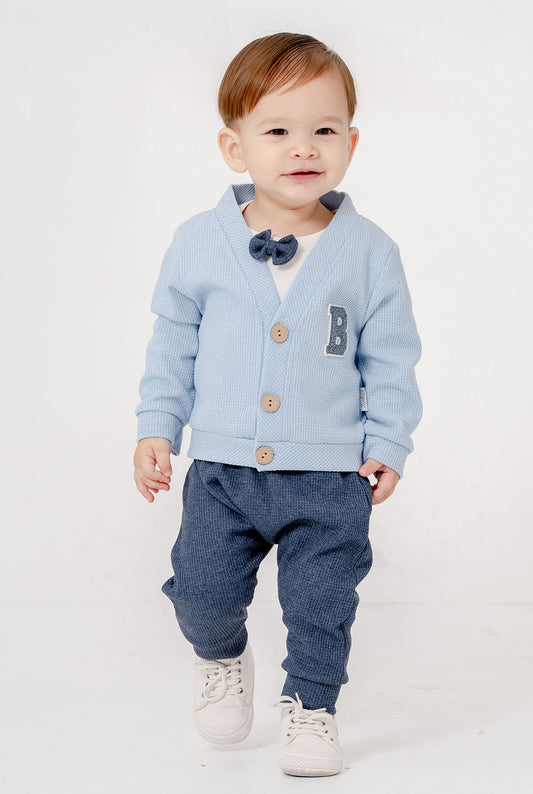 Baby Jungen 3-teiliges Outfit – Strickjacke, Hose & Fliege